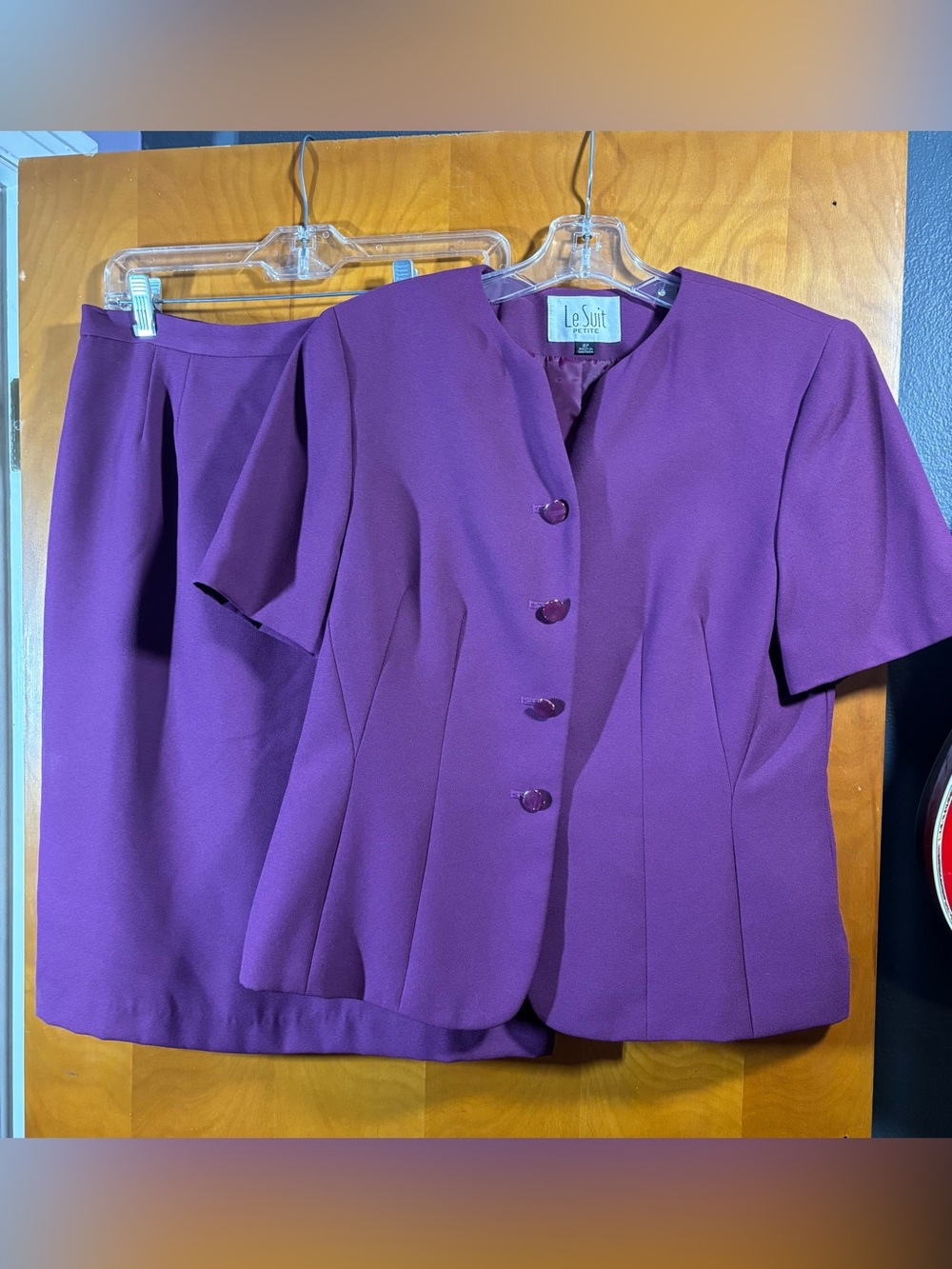 Le Suit Purple Two-Piece Skirt Set with Short-Sleeve Jacket, size 8P